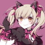  1girl atobesakunolove black_cat_d.va black_dress black_gloves blonde_hair blush bow brown_eyes cleavage_cutout commentary dress earrings english_commentary eyebrows_visible_through_hair eyes gloves hair_bow hand_up heart heart_earrings jewelry looking_at_viewer overwatch pink_bow puffy_short_sleeves puffy_sleeves purple_background short_sleeves signature smile solo twintails upper_body v-shaped_eyebrows 