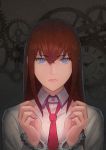  1girl blue_eyes brown_hair chinese_commentary clock closed_mouth collared_shirt commentary_request cuffs eyebrows_visible_through_hair fateline_alpha gears handcuffs hands_up highres long_hair looking_at_viewer makise_kurisu necktie red_neckwear shirt solo steins;gate white_shirt wing_collar 