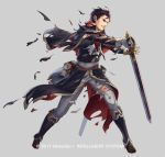  1boy black_hair book boots brown_eyes capelet company_name cuboon fire_emblem fire_emblem:_thracia_776 fire_emblem_heroes full_body gloves grey_background male_focus official_art reinhardt_(fire_emblem) simple_background solo sword teeth torn_clothes weapon 