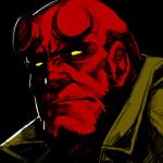  1boy beard black_background broken_horn closed_mouth commentary_request facial_hair hankuri hellboy hellboy_(comic) horns looking_at_viewer male_focus profile red_skin simple_background solo yellow_eyes 