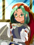  1girl belt beret cape chair cup dated elbow_gloves glasses gloves grandia grandia_i green_eyes green_hair hat light_blush light_smile lio_(lune24) looking_at_viewer mio_(grandia) pince-nez sash short_hair sitting sketch solo table tea teacup translation_request twitter_username 