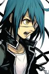  1boy air_gear blue_hair blue_jacket commentary_request copyright_request eyepatch from_side hankuri jacket male_focus medical_eyepatch one_eye_covered open_clothes open_jacket shirt solo wanijima_agito white_background white_shirt yellow_eyes 