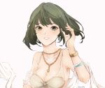  1girl bangs bare_shoulders blue_eyes breasts cleavage collarbone commentary_request earrings gold green_eyes green_hair grin hand_in_hair heterochromia idolmaster idolmaster_cinderella_girls jewelry looking_at_viewer medium_breasts mole mole_under_eye necklace off_shoulder shino_(mufn5785) short_hair simple_background smile solo takagaki_kaede teeth 