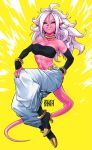  1girl android_21 android_21_(evil) anklet big_hair black_nails black_sclera boots breasts choker cleavage commentary detached_sleeves dragon_ball dragon_ball_fighterz ear_piercing earrings full_body grin hand_on_hip hand_on_own_knee harem_pants high_heel_boots high_heels highres hoop_earrings jewelry kanta-kun long_hair looking_at_viewer majin_android_21 medium_breasts monster_girl nail_polish navel pants piercing pink_skin pointy_ears red_eyes ring silver_hair smile solo stomach strapless tail toned tubetop 