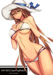  1girl absurdres alternate_costume bangs bare_arms bare_shoulders bikini blush breasts brown_hair character_name cleavage closed_mouth clyde_s cowboy_shot eyebrows_visible_through_hair girls_frontline green_eyes groin hair_between_eyes hair_ribbon hair_rings hands_on_own_breasts hat highres large_breasts legs_crossed long_hair looking_at_viewer lowleg lowleg_bikini m1903_springfield_(girls_frontline) navel o-ring_top ponytail ribbon ribs sidelocks simple_background smile solo stomach sun_hat swimsuit thighs watson_cross white_background 