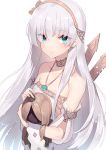  1girl anastasia_(fate/grand_order) bangs bare_shoulders blue_eyes brown_hair brown_hairband brown_ribbon closed_mouth collarbone crown detached_sleeves dress eyebrows_visible_through_hair fate/grand_order fate_(series) fingernails hair_between_eyes hair_ribbon hairband halterneck highres holding long_hair mini_crown mizuki_eiru_(akagi_kurage) puffy_short_sleeves puffy_sleeves ribbon short_sleeves silver_hair simple_background sleeveless sleeveless_dress smile solo very_long_hair white_background white_dress 