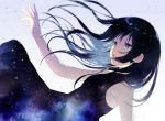  1girl :o achiki bare_arms bare_shoulders black_dress black_hair blue_eyes breasts dress falling floating_hair from_side long_hair looking_away original outstretched_arm outstretched_hand parted_lips sleeveless sleeveless_dress small_breasts solo space sparkle star starry_sky_print very_long_hair 