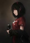  1girl artist_name bangs black_hair bottle clothes_down from_side highres holding holding_bottle horns looking_at_viewer looking_to_the_side medium_hair nose open_mouth original red_eyes red_lips red_shirt shimmer shirt short_sleeves skull_and_crossbones solo sweatdrop t-shirt teeth upper_body 