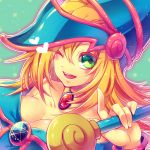  1girl artist_request bare_shoulders blonde_hair blush_stickers breasts choker cleavage dark_magician_girl duel_monster green_eyes hat large_breasts one_eye_closed pentacle solo staff star wand wizard_hat yu-gi-oh! yuu-gi-ou_duel_monsters 