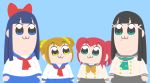  4girls :3 amita baby_blue_background bkub_(style) black_hair blue_eyes blue_hair bow bowtie crossover green_eyes hair_bow kurosawa_dia kurosawa_ruby looking_at_another love_live! love_live!_sunshine!! orange_hair pipimi poptepipic popuko redhead ribbon school_uniform twintails yellow_eyes 