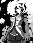  1girl black_eyes black_hair breasts commentary_request greyscale hair_between_eyes jin_(mugenjin) large_breasts looking_at_viewer looking_down made_in_abyss monochrome multicolored_hair ozen scar shaded_face short_hair solo two-tone_hair white_hair 