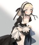 1girl apron black_bow black_dress blonde_hair bow commentary_request cowboy_shot dress dress_lift embarrassed eyebrows_visible_through_hair garter_straps grey_background hair_bow juliet_sleeves korean_commentary long_sleeves looking_at_viewer maid maid_apron maid_headdress original parted_lips puffy_sleeves seucapeu solo sweatdrop thigh-highs waist_apron white_apron white_legwear 