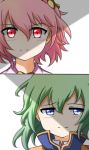 2girls 2koma bangs blue_eyes blue_vest closed_mouth collar collared_shirt comic commentary_request ear eyebrows_visible_through_hair eyes_visible_through_hair green_hair hair_between_eyes hairband heart high_collar jitome komeiji_satori multiple_girls no_hat no_headwear pink_eyes pink_hair shaded_face shiki_eiki shirt short_hair silent_comic simple_background tearing_up tears touhou upper_body vest white_background yi_xing 
