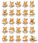  blush_stickers bowl commentary_request creature dorairo drinking eating food food_request fruit gen_1_pokemon highres holding holding_bowl holding_food holding_fruit licking no_humans noodles onigiri plate pokemon pokemon_(creature) pudding raichu ramen senbei simple_background sitting solo sushi table translation_request upper_body watermelon white_background 