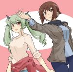  2girls anchovy bangs black_ribbon black_scarf blue_pants blue_shirt brown_eyes brown_hair casual clothes_around_waist commentary_request drill_hair dutch_angle eyebrows_visible_through_hair girls_und_panzer green_hair grey_jacket hair_ribbon highres hoshikawa_(hoshikawa_gusuku) jacket long_hair long_sleeves looking_at_viewer multiple_girls nishizumi_maho open_clothes open_jacket open_mouth pants petals pink_shirt red_eyes red_sweater ribbon scarf shirt short_hair sleeves_rolled_up smile standing sweater sweater_around_waist twin_drills twintails v-neck 