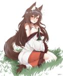  1girl animal_ears bare_shoulders between_breasts blush boots bottle breasts brown_eyes brown_footwear brown_hair cleavage commentary dress drunk ehrrr full_body grass hair_between_eyes high_heels highres imaizumi_kagerou large_breasts long_hair nose_blush open_mouth shiny shiny_hair simple_background sitting solo tail touhou white_background white_dress wide_sleeves wolf_ears wolf_tail yokozuwari 