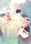  2girls bangs black_neckwear blonde_hair blue_eyes blue_sailor_collar blush bush butter_knife chair cup dessert dress food fork grass hat highres holding janus_(kantai_collection) jervis_(kantai_collection) kantai_collection long_hair megu_usagi multiple_girls open_mouth outdoors pastry plate sailor_collar sailor_dress sailor_hat sandwich short_hair short_sleeves sitting smile standing table tea teacup teapot twitter_username white_headwear 