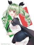  1girl anchovy anzio_school_uniform artist_name ass bangs black_cape black_neckwear black_ribbon black_skirt cape commentary dated dress_shirt drill_hair eyebrows_visible_through_hair fang from_side girls_und_panzer green_hair hair_ribbon holding italian_flag long_hair long_sleeves looking_at_viewer miniskirt necktie open_mouth pantyhose pleated_skirt red_eyes ribbon riding_crop school_uniform shirt signature skirt smile solo standing tam_a_mat twin_drills twintails white_legwear white_shirt 
