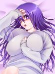  1girl bad_anatomy between_breasts blush breasts hair_between_eyes hand_between_breasts indoors kajo large_breasts long_hair looking_at_viewer lying mole mole_under_mouth morioka_moriko nail_polish netojuu_no_susume on_back open_mouth pink_nails plump purple_hair solo sweatdrop sweatshirt very_long_hair violet_eyes 