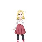  1girl artist_request bangs black_legwear blonde_hair child long_hair long_sleeves looking_at_viewer love_live! love_live!_school_idol_festival love_live!_sunshine!! official_art ohara_mari pantyhose parted_bangs shirt skirt smile solo transparent_background white_shirt yellow_eyes younger 