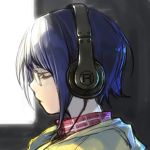  1girl blue_hair closed_eyes closed_mouth commentary_request copyright_request from_side glasses hankuri headphones over-rim_eyewear profile semi-rimless_eyewear solo upper_body 