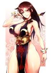  1girl bracelet braid breasts brown_eyes brown_hair china_dress chinese_clothes chun-li dress hand_in_hair jewelry large_breasts messatsu_tan muscle no_panties pelvic_curtain revealing_clothes sash side_slit smile spiked_bracelet spikes standing street_fighter tabard thick_thighs thighs 
