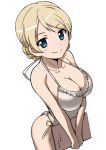  1girl aegis_(nerocc) bangs bikini blonde_hair blue_eyes braid breasts cleavage closed_mouth collarbone commentary darjeeling eyebrows_visible_through_hair frilled_bikini frills from_side front-tie_bikini front-tie_top girls_und_panzer holding_menu large_breasts looking_at_viewer short_hair side-tie_bikini simple_background smile solo standing swimsuit tied_hair twin_braids white_background white_bikini 