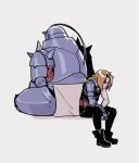  2boys alphonse_elric apron armor automail back-to-back belt black_shirt blonde_hair boots brothers commentary edward_elric expressionless full_armor full_body fullmetal_alchemist grey_background image_sample long_hair male_focus multiple_boys pants shirt siblings simple_background sitting sleeveless tumblr_sample 