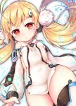  1girl :o ahoge azur_lane bare_shoulders blonde_hair breasts commentary_request covered_navel cowboy_shot detached_sleeves dutch_angle eldridge_(azur_lane) facial_mark fur_trim hair_ornament hairclip highres looking_at_viewer low_twintails orange_eyes puffy_sleeves side_cutout sideboob solo square thick_thighs thigh-highs thighs twintails umishima_rinta 