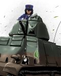 1girl andou_(girls_und_panzer) bangs bc_freedom_(emblem) bc_freedom_military_uniform black_hair blue_hat blue_jacket blue_vest brown_eyes closed_mouth commentary_request dark_skin dress_shirt emblem girls_und_panzer ground_vehicle hat high_collar jacket leaf light_frown long_sleeves looking_at_viewer medium_hair military military_hat military_uniform military_vehicle motor_vehicle s35 shako_cap shirt solo spade_(shape) tank uniform vest white_background white_shirt wind yaruku 