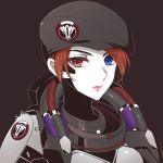  1girl atobesakunolove beret blue_eyes bodysuit closed_mouth commentary_request expressionless eyebrows_visible_through_hair eyes_visible_through_hair grey_background hat heterochromia looking_at_viewer military moira_(overwatch) overwatch pale_skin pink_lips red_eyes redhead signature simple_background solo upper_body 