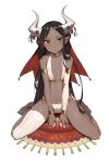  1girl absurdres barefoot bikini black_hair dark_skin detached_sleeves flat_chest highres horn_ornament horns long_hair looking_at_viewer original pointy_ears red_eyes shiba_inu_(happy13227) sitting solo swimsuit thigh-highs wariza 