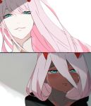  aqua_eyes black_cloak commentary_request crying crying_with_eyes_open darling_in_the_franxx dual_persona hair_between_eyes highres horns long_hair open_mouth oriharakrr pink_hair red_skin smile spoilers tears zero_two_(darling_in_the_franxx) 