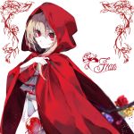  1girl absurdres apple blonde_hair blood dress flandre_scarlet food fruit highres letter looking_at_viewer red_eyes red_hood ribbon short_hair solo touhou white_background zhixie_jiaobu 