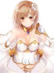  1girl bangs bare_shoulders blonde_hair blush breasts brown_eyes cleavage collarbone detached_collar djeeta_(granblue_fantasy) dress elbow_gloves flower gloves granblue_fantasy hair_flower hair_ornament highres hips large_breasts looking_at_viewer pauldrons ria_(riarea00) short_hair simple_background smile solo swept_bangs thighs white_background white_dress white_gloves 