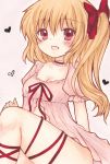  1girl :d absurdres alternate_costume bent_knee blonde_hair blush breasts choker cleavage commentary commentary_request dress eyebrows_visible_through_hair feet_out_of_frame flandre_scarlet frilled_choker frilled_sleeves frills hair_ribbon heart highres knee_up looking_at_viewer medium_breasts medium_hair nightgown no_wings open_mouth pink_background pink_dress puffy_short_sleeves puffy_sleeves red_choker red_eyes red_ribbon ria_(pixiv30053072) ribbon short_sleeves side_ponytail simple_background sitting smile solo stomach texture thighs touhou traditional_media 