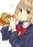  1girl blonde_hair eating food hamburger holding holding_food original ribbon short_hair teshima_nari uniform white_background yellow_eyes 
