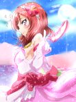  1girl blush bokutachi_wa_hitotsu_no_hikari dress elbow_gloves feathers flower from_side gloves glowing_feather hair_flower hair_ornament hair_ribbon hairband index_finger_raised jewelry looking_at_viewer love_live! love_live!_school_idol_project necklace nishikino_maki pink_dress red_feathers redhead ribbon sash shogo_(4274732) smile solo sparkle violet_eyes 