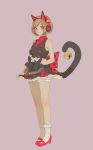  1girl animal_ears bangs bell belt black_gloves brown_eyes brown_hair cat_ear_headphones cat_ears cat_tail collared_shirt daigoman fake_animal_ears full_body gloves grey_background headphones high_heels highres jingle_bell looking_at_viewer meiko necktie polka_dot red_footwear sakine_meiko sash shirt short_hair skirt sleeveless sleeveless_shirt smile socks solo swept_bangs tail tail_bell vocaloid white_legwear 