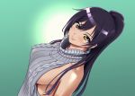  1girl backless_outfit bangs bare_arms bare_shoulders black_hair blush breasts dress earrings eyebrows_visible_through_hair from_above idolmaster idolmaster_shiny_colors jewelry kijinaka_mahiro large_breasts long_hair looking_at_viewer meme_attire open-back_dress ponytail ribbed_sweater shirase_sakuya sideboob solo sweater sweater_dress turtleneck turtleneck_sweater virgin_killer_outfit virgin_killer_sweater yellow_eyes 