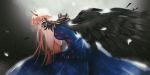  1girl absurdres aqua_eyes bangs bare_shoulders black_wings blue_dress cheesemochii crying crying_with_eyes_open darling_in_the_franxx dress feather_trim feathers hands_on_own_face highres horns long_dress long_hair pink_hair sleeveless solo spoilers tears wings zero_two_(darling_in_the_franxx) 