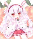  1girl :x animal_ears azur_lane bangs blush camisole carrying commentary_request eyebrows_visible_through_hair facial_mark food food_in_mouth hair_between_eyes hair_ornament hairband hands_up heart heart-shaped_pupils highres holding holding_food jacket laffey_(azur_lane) long_sleeves midriff_peek miko_(no1122334455a) mouth_hold navel pantyhose pink_jacket pleated_skirt rabbit_ears red_eyes red_hairband red_skirt sitting sketch skirt sleeves_past_wrists solo stuffed_animal stuffed_bunny stuffed_toy symbol-shaped_pupils white_background white_camisole white_legwear 
