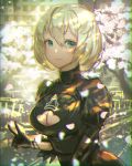  1girl black_dress blonde_hair breasts cherry_blossoms chromatic_aberration cleavage cleavage_cutout commentary_request dress green_eyes hair_between_eyes kaburagi_yasutaka light_smile looking_at_viewer mole mole_under_mouth nier_(series) nier_automata no_blindfold short_hair solo upper_body v yorha_no._2_type_b 