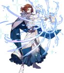  1boy 88_taho blue_cape blue_eyes book cape casting_spell collar cyas energy fire_emblem fire_emblem:_thracia_776 fire_emblem_heroes focused highres holding holding_book lips long_sleeves magic male_focus official_art open_mouth redhead robe serious short_hair simple_background solo standing teeth transparent_background white_footwear white_robe 
