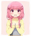  1girl absurdres agung_syaeful_anwar bangs blush braid comic_girls commentary eyebrows_visible_through_hair fang hair_between_eyes hair_ornament hairclip hands_up highres holding long_sleeves low_twintails moeta_kaoruko parted_lips pink_hair red_eyes sleeves_past_wrists solo sweater tears twin_braids twintails wavy_mouth x_hair_ornament yellow_sweater 