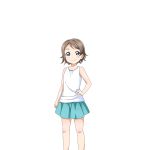 1girl artist_request bangs blue_eyes brown_hair hand_on_hip looking_at_viewer love_live! love_live!_school_idol_festival love_live!_sunshine!! official_art parted_bangs short_hair skirt sleeveless smile solo transparent_background watanabe_you younger 
