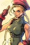  1girl blonde_hair braid breasts cammy_white closed_mouth commentary_request covered_navel fingerless_gloves gloves green_eyes green_leotard hand_up hankuri hat large_breasts leotard long_hair looking_at_viewer red_gloves red_hat salute scar single_braid solo street_fighter yellow_background 