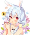  1girl :o animal_ears bangs bare_arms bare_shoulders blue_flower blue_hair blush commentary_request dress eyebrows_visible_through_hair flower food hair_between_eyes heart holding holding_food long_hair original parted_lips pink_flower purple_flower rabbit_ears red_eyes sazaki_ichiri sleeveless sleeveless_dress solo white_background white_dress yellow_flower 