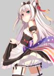  1girl american_flag american_flag_print animal_ears apron azur_lane bare_shoulders black_bow black_dress bloomers blue_bow bow cat_ears cat_hair_ornament choker commentary_request dress flag_print garter_straps grey_background hair_bow hair_ornament hair_ribbon hammann_(azur_lane) highres long_hair one_side_up puffy_short_sleeves puffy_sleeves red_choker red_ribbon ribbon short_sleeves silver_hair simple_background solo takatani_yuki thigh-highs underwear very_long_hair white_apron white_bloomers white_legwear wrist_cuffs 