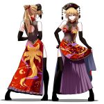  1girl absurdres adapted_costume ass back_cutout bare_shoulders black_gloves black_legwear blonde_hair breasts contrapposto crescent elbow_gloves fingerless_gloves full_body gloves hand_on_hip highres junko_(touhou) kikoka_(mizuumi) lifted_by_self long_hair looking_at_viewer mature medium_breasts multiple_views over-kneehighs ponytail profile red_eyes red_skirt side_slit simple_background skirt skirt_lift sleeveless solo standing tassel thigh-highs touhou white_background 